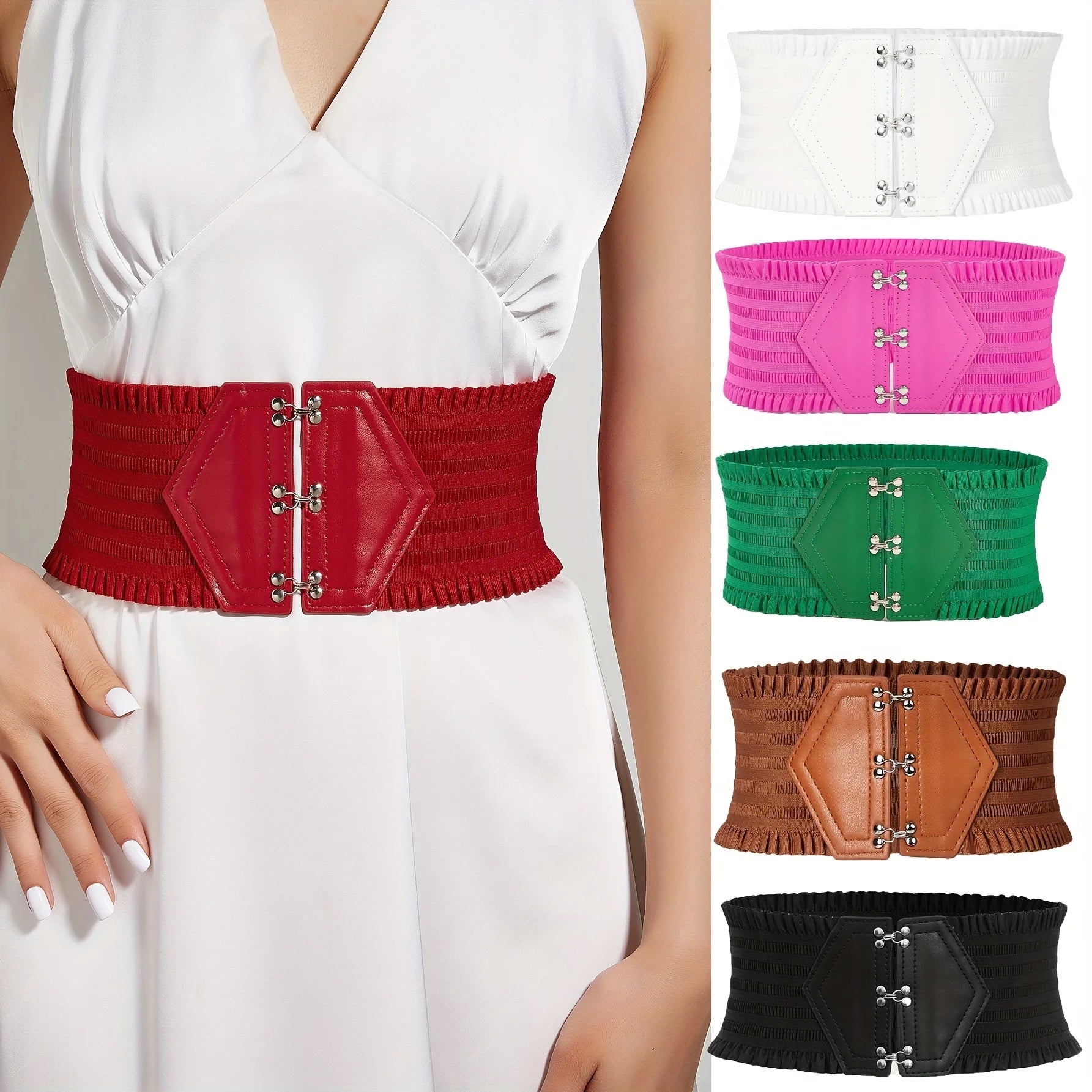 Candy Color Ruffles Wide Belt Triple Buckle Elegant Elastic Waistband Decorative Dress Girdle For Women