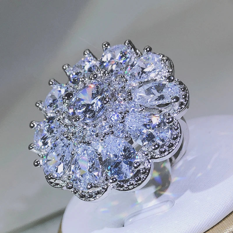 925 sterling silver Luxury Female multi-stone glittering zircon big ring men and women party birthday jewelry