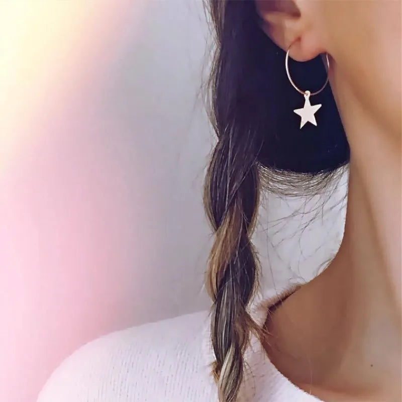 Big Circle Round Star Pendant Earrings for Women Simple Gold Color Party Jewelry