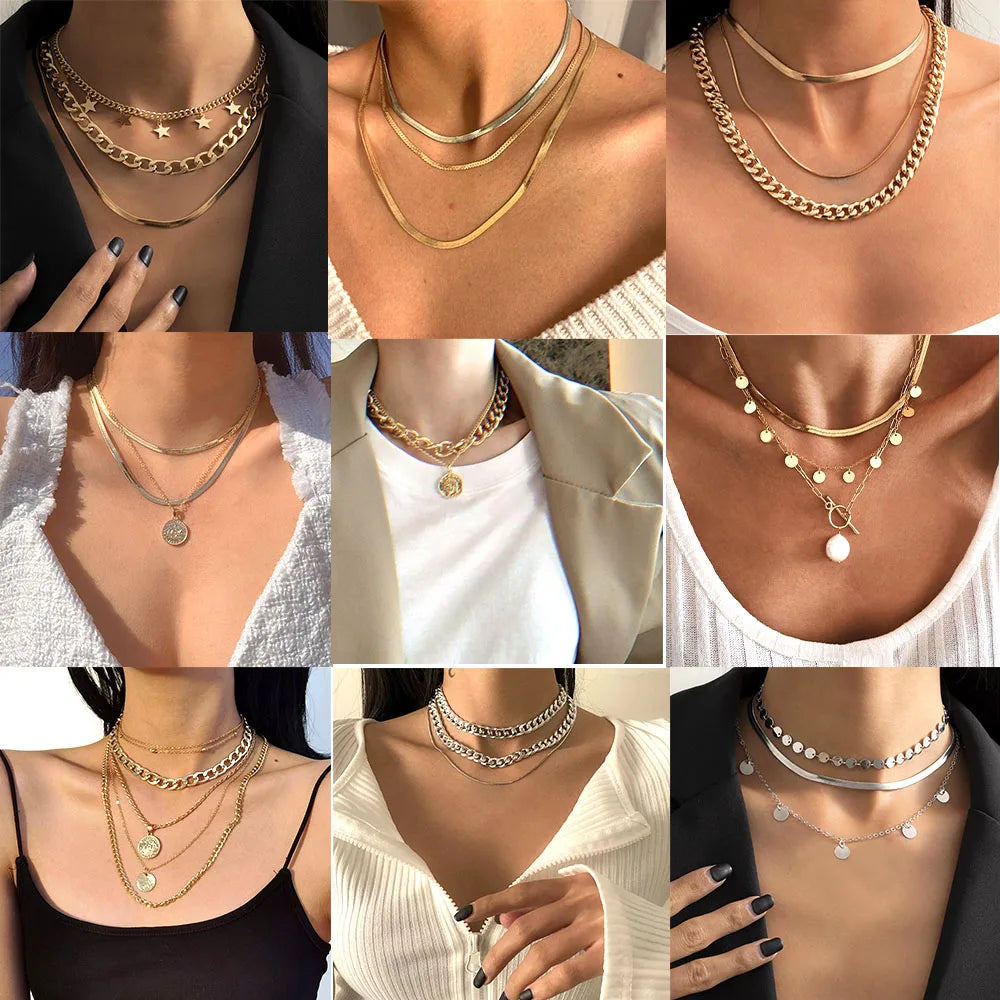 Boho Multilayer Metal Snake Chain Portrait Engraved Coin Butterfly Pendant Gold Color Thick Clavicle Necklaces Set Girls Jewelry