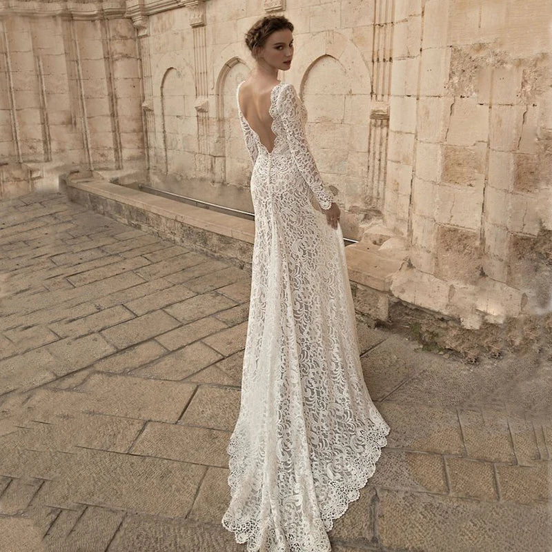 Mermaid Long Lace Dress Long Sleeve Backless Party Dress Transparent S