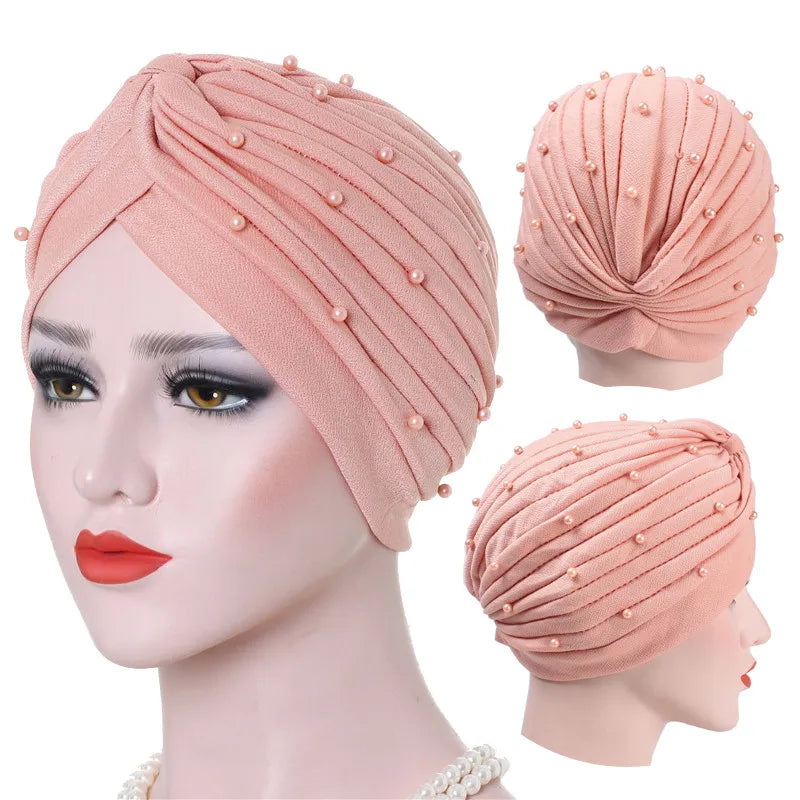 cotton solid folds pearl muslim turban scarf  women islamic inner hijab caps Arab wrap head