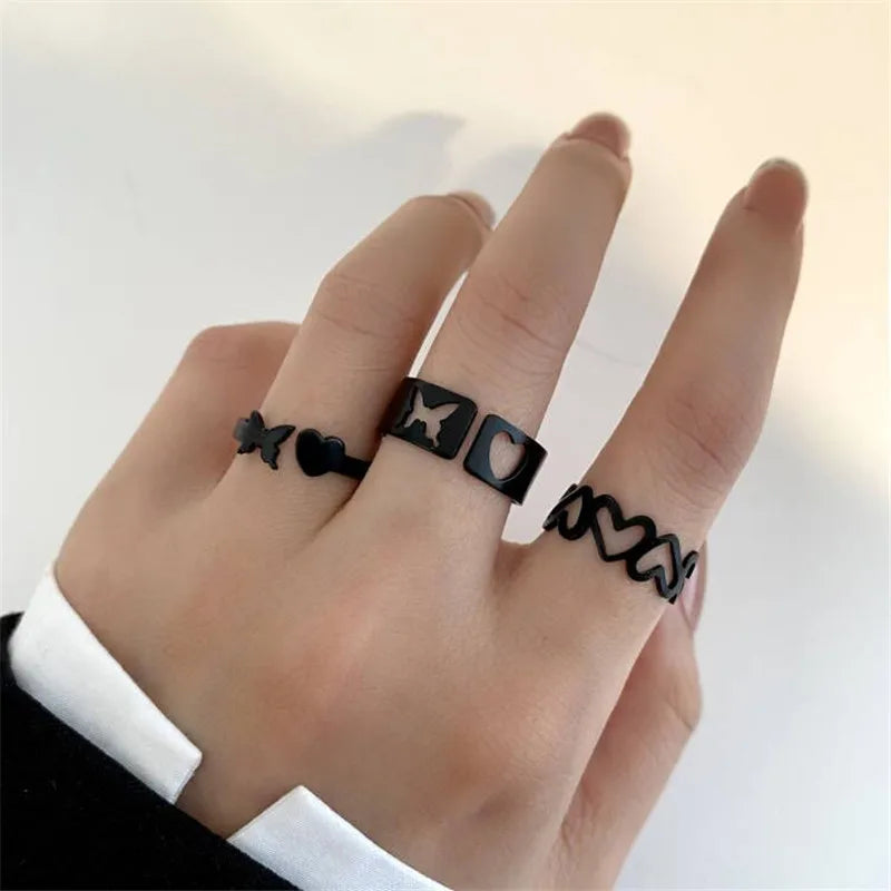 Punk Snake Black Rings Set For Women Vintage Geometric Metal Cross Rings Set