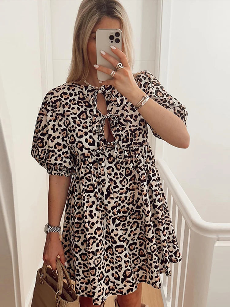 Leopard Print Bow Lace Up Mini Dress for Women O-neck Hollow Out Short Puff Sleeve Sweet Dresses 2024 Summer A-line Lady Vestido