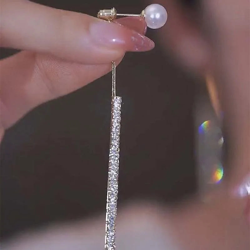 Korean Long Tassel Pearl Dangle Earrings for Women Luxury Full Rhinestone Gold Color Drop Earrings Wedding Party Jewelry Gift