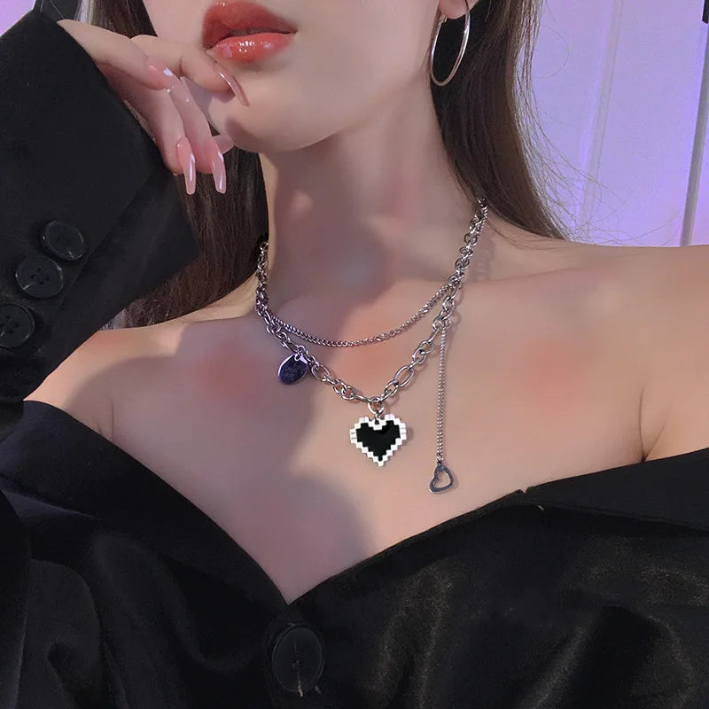 Harajaku Fashion Women Pendant Necklaces Double Link Chain Metal Black Heart Grunge Necklace Party Grunge Jewelry Gift