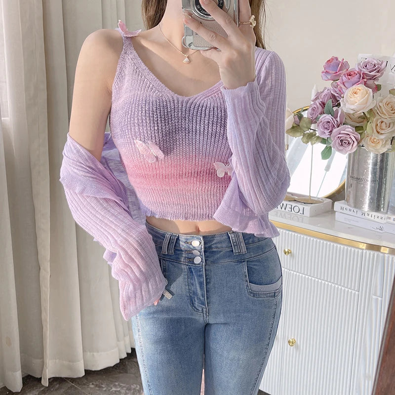 Colored Stripes Butterfly Knitted Tank Top Women V Neck Sleeveless Slim Camisole