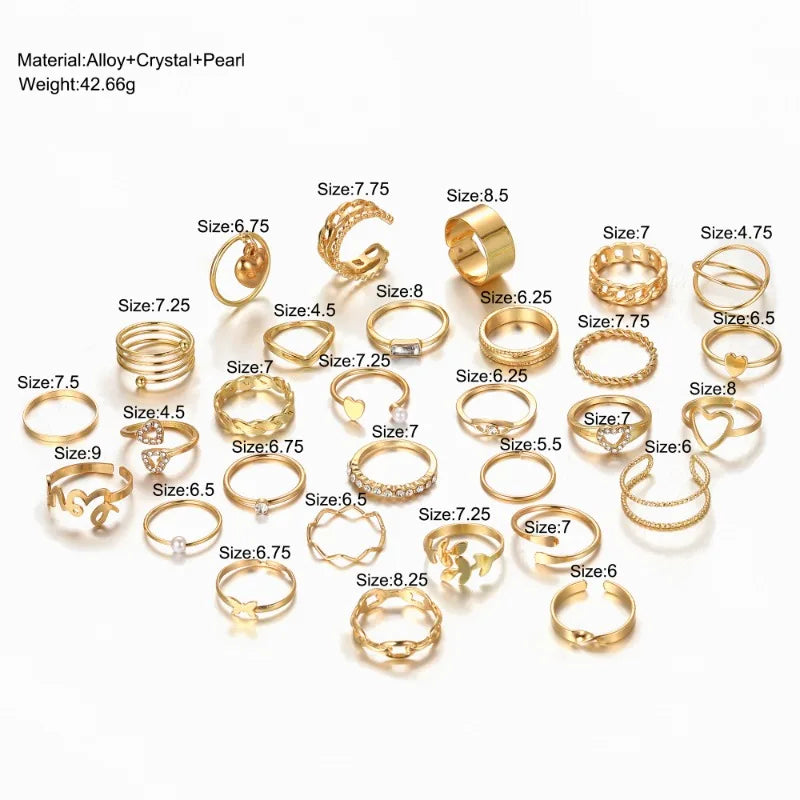 30pcs/Set Vintage Love Heart Rings Set For Women Gold Color Geometric Butterfly Rhinestone Finger Ring Trendy Party Jewelry Gift