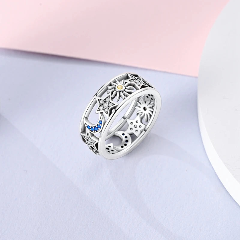 Sterling Silver Four Leaf Clover Star Moon Heart Rings For Women Sparkling Zircon Fine Wedding Engagement