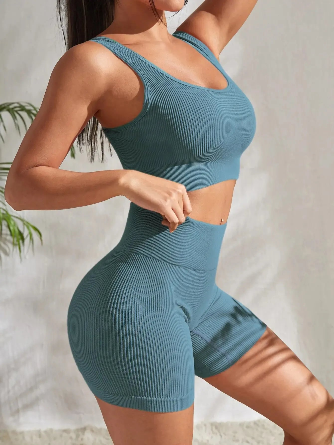 thumbnail image 2 of Women's 2-Piece Workout Set - Ribbed Yoga Leggings With Padded Sports Bra Crop Top 2 of 7