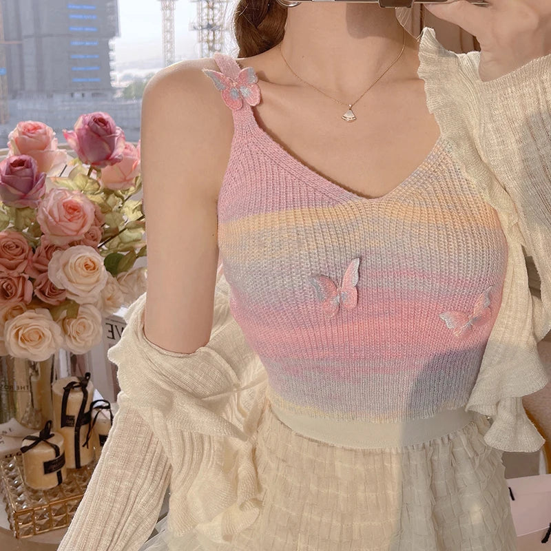 Colored Stripes Butterfly Knitted Tank Top Women V Neck Sleeveless Slim Camisole