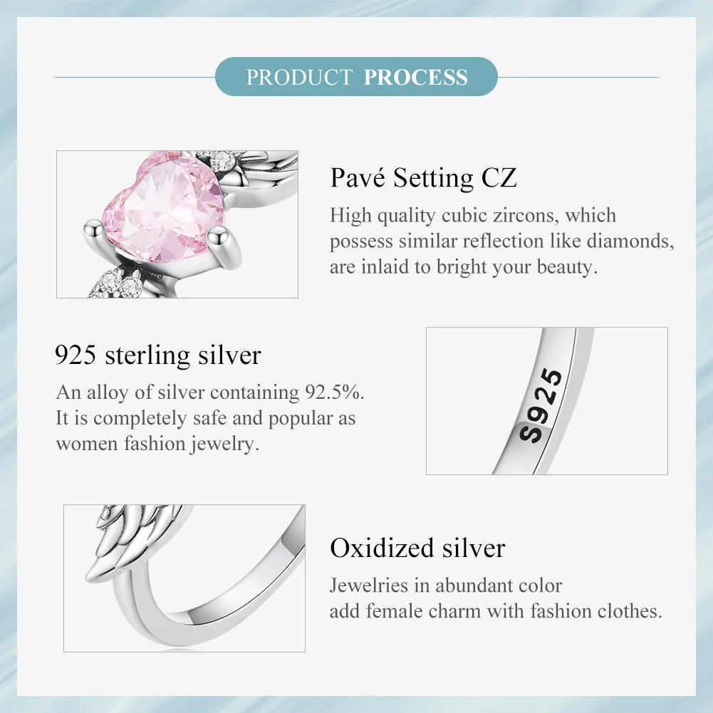 Sterling Silver Pink Heart Zircon Ring for Women Fine Jewelry Angel Wing Ring Eternity Band