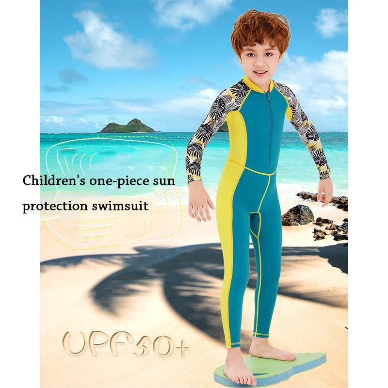 One-Piece Children Swimsuits Kid Swimwear Boys Long Sleeve Sun Protection (including swimming caps)