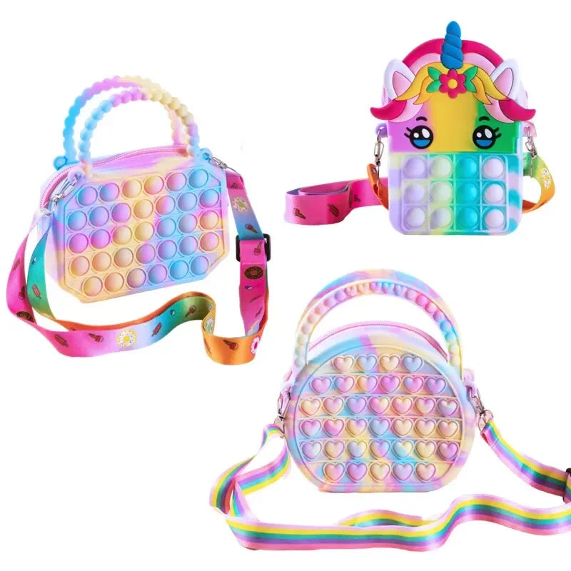 Pop Purse Silicone Sensory Push Pop Bubble Bag Crossbody Bag Antistress Toys Cartoon Unicorn Handbag Coin Pouch For Kids