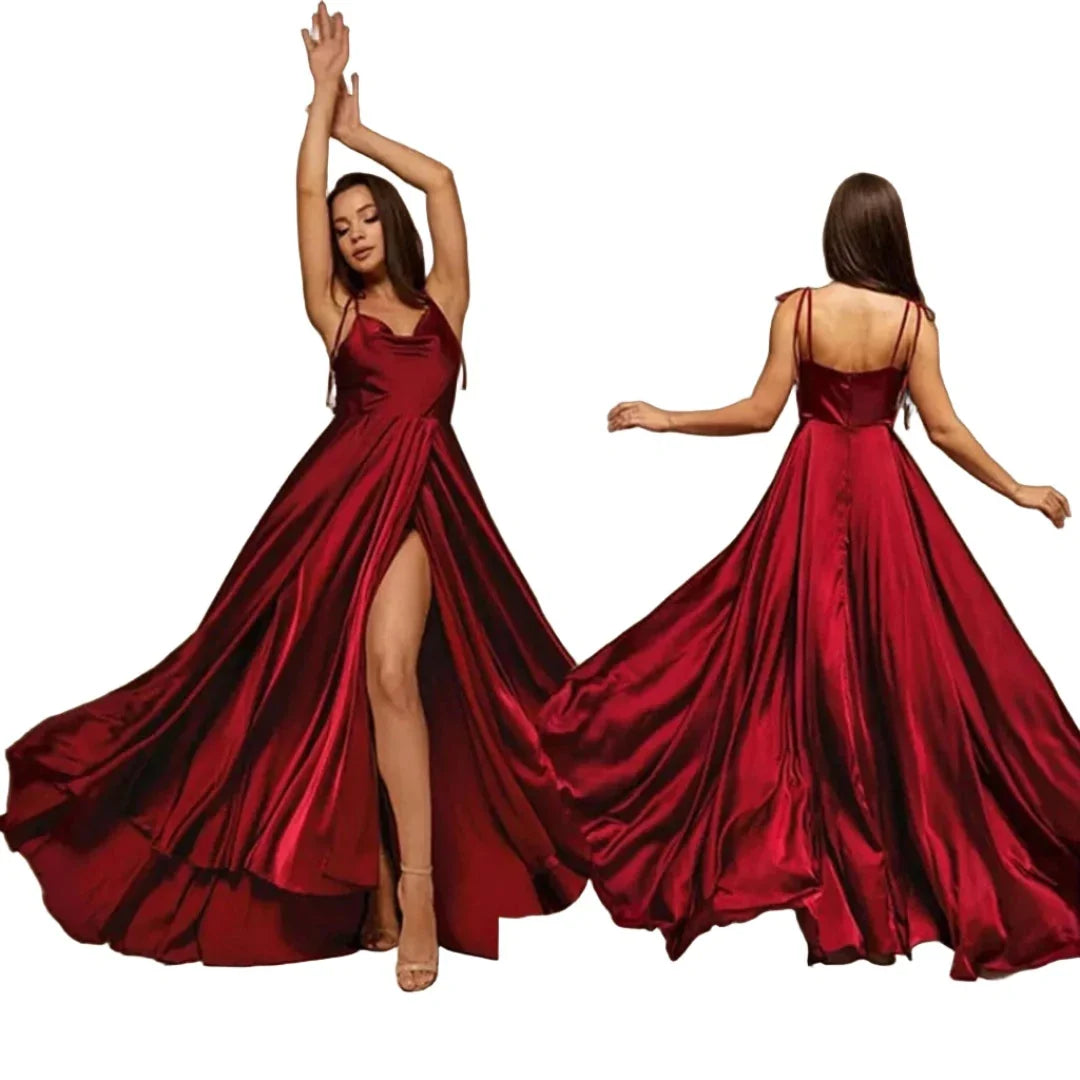 Satin Maxi Flared Dress Hign Slit Sexy Bridesmaid Dress Open Back A Li