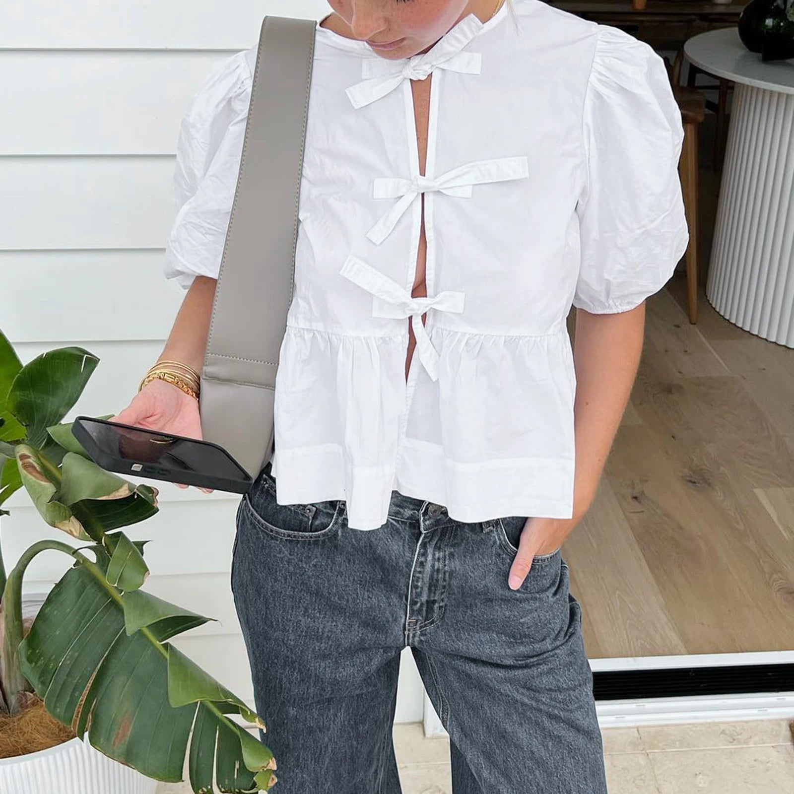 Women's Blouses Stripe Print Short Puff Sleeve Tie Front Loose Tops Shirts Streetwear