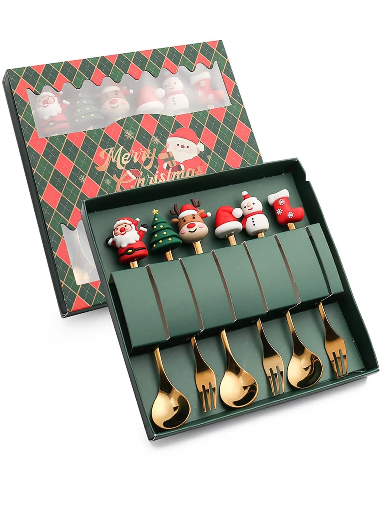 Christmas Coffee Spoons Forks Set (4/6Pcs), Stainless Steel Spoon Forks Christmas Gifts for Kids(Red/Green Gift Box Set)