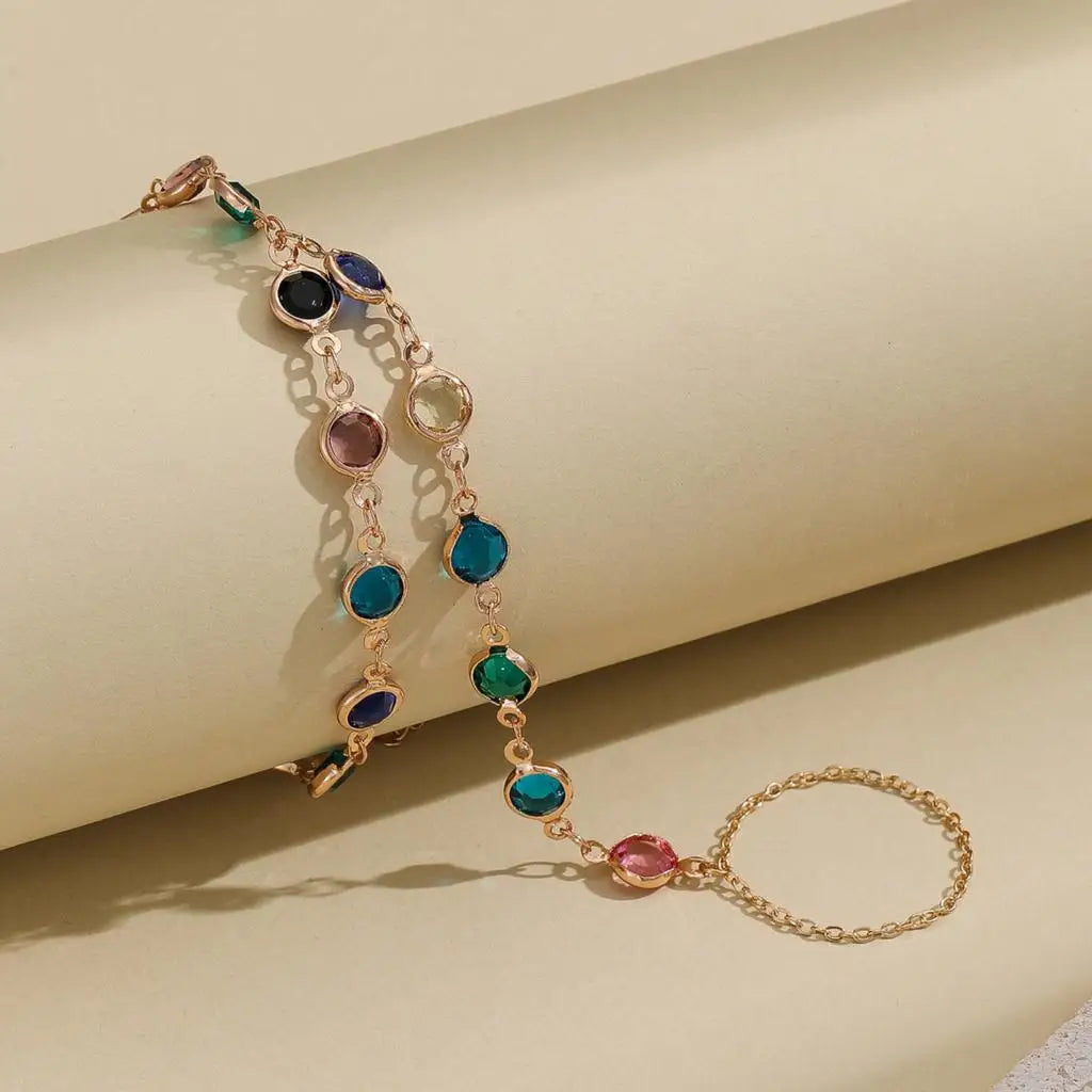 Colorful Zircon Crystal Link Chain Wrist Bracelet For Women Finger Ring Bracelets Trend Statement Jewelry