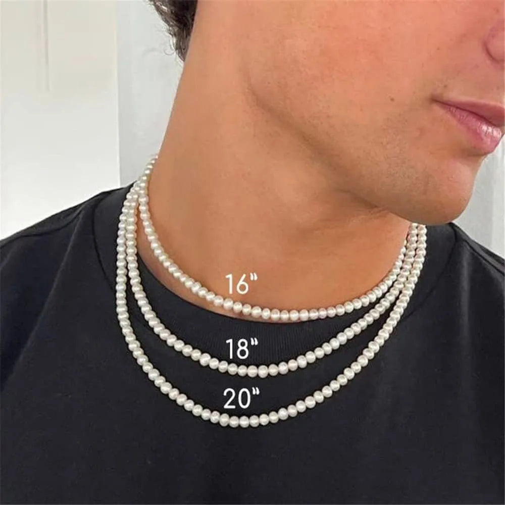 Pearl Necklace Men Simple Handmade Strand Bead Necklace  Men Jewelry