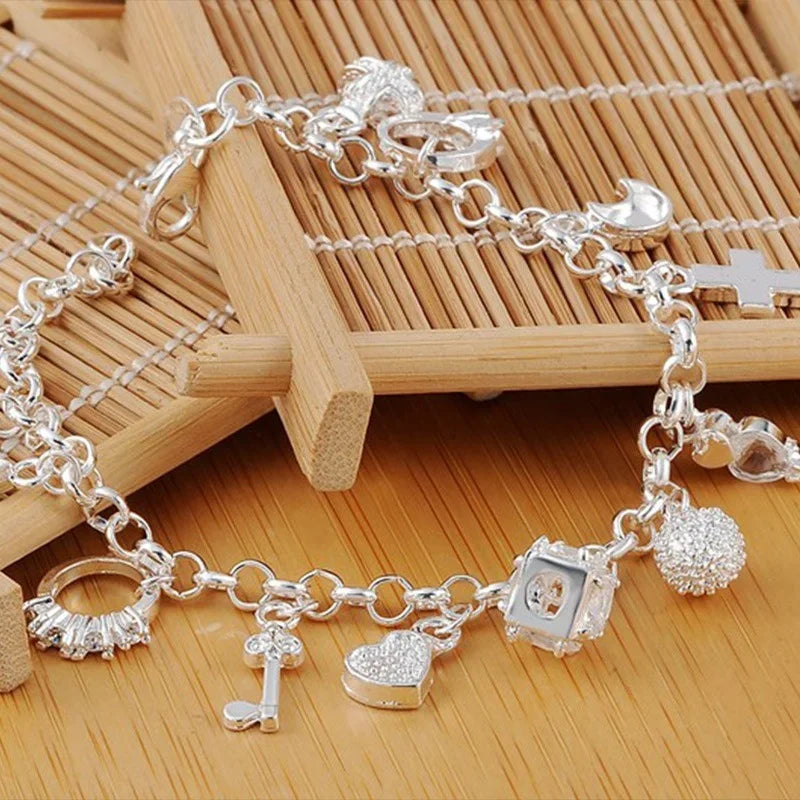 Sterling Silver Fashion 13pcs Pendant Chain Charm Bracelet for Women for Teen Girls Lady Gift Women Fine Jewelry