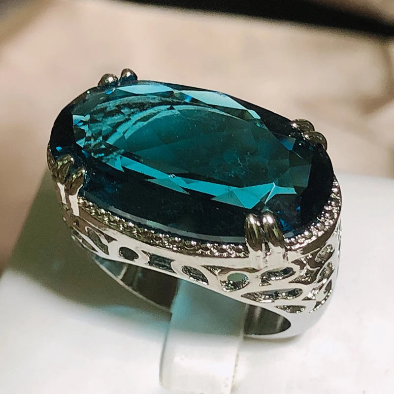 Exaggerated Large Zircon Ring Women Party Birthday Gift Oversized Blue Main Stone Ring