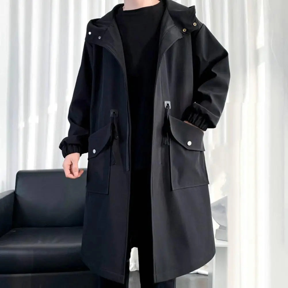 Men Trench Coat Loose Mid Length Big Pockets Hooded Jacket Windproof Zipper Closure Elastic Cuff Male Coat Men's Clothing