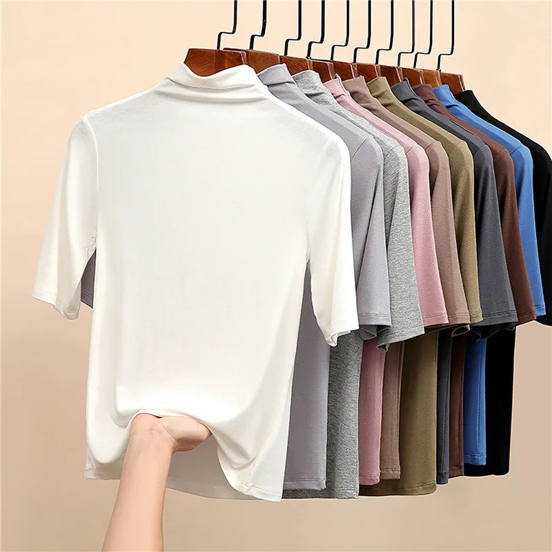 Women Turtleneck Pullover Slim Fit Short Sleeve T-Shirts Casual Solid Semi-High Collar Bottomed Shirt Female Basic Cropped Tops