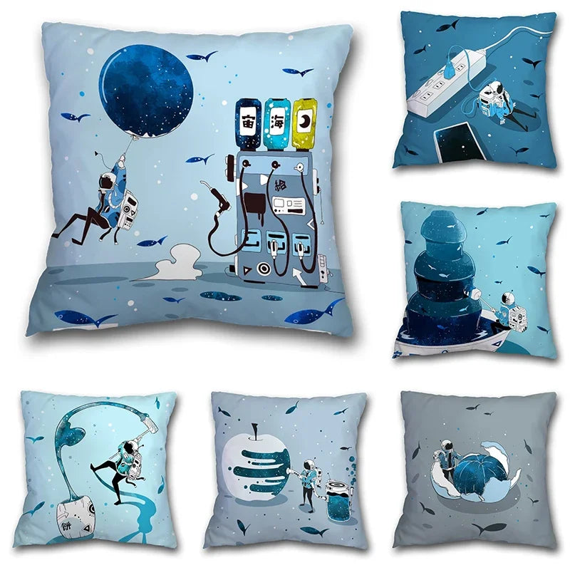 Creative Spaceman Astronaut Ocean Blue Square Pillow Cover Living Room Sofa Office Seat Cushion  Home Decoration