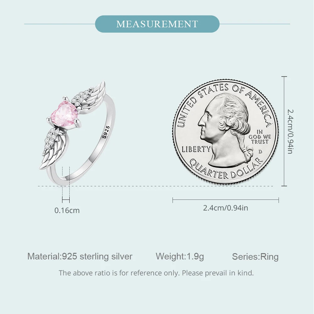 Sterling Silver Pink Heart Zircon Ring for Women Fine Jewelry Angel Wing Ring Eternity Band