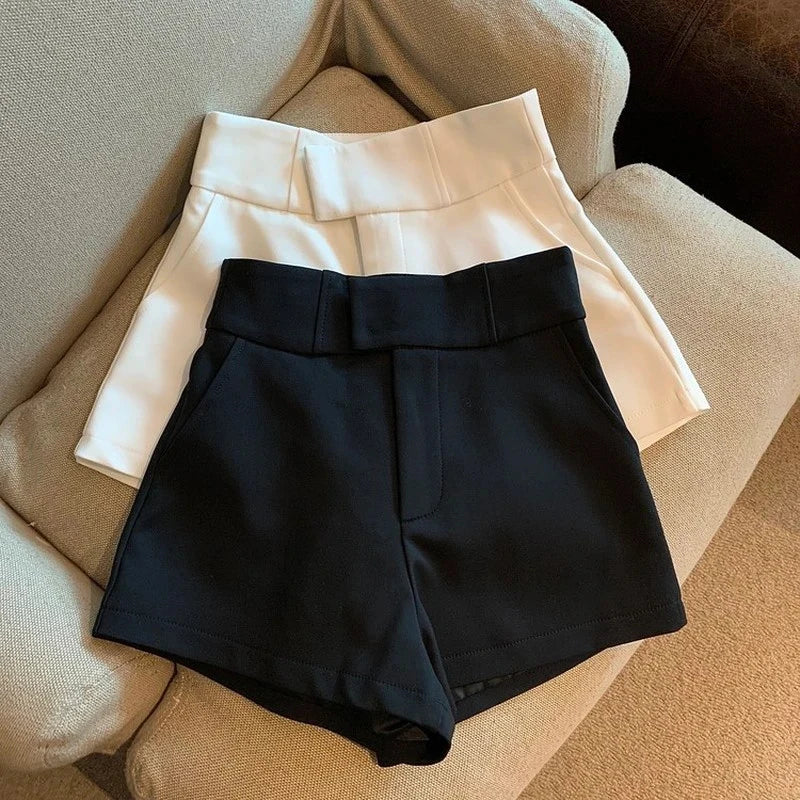 Streetwear Black Shorts Women Elegant High Waist White A Line Wide Leg