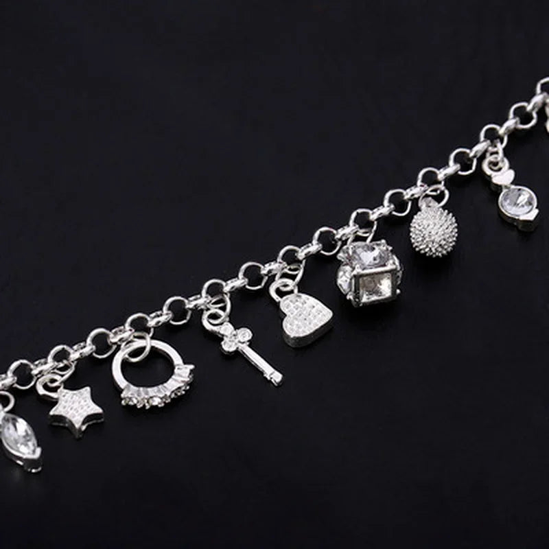Sterling Silver Fashion 13pcs Pendant Chain Charm Bracelet for Women for Teen Girls Lady Gift Women Fine Jewelry
