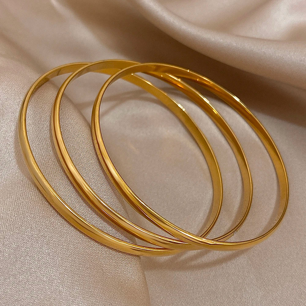 3pcs Glossy 18K Gold Plated Stainless Steel Bangle Bracelet for Women Minimalist Basic Wristband Bangles Waterproof Jewelry