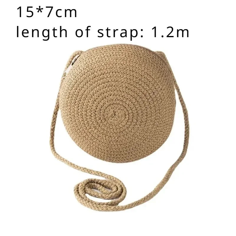 Minimalist Straw Bag Round Crossbody Purse Women Shoulder Vocation Style Handbag