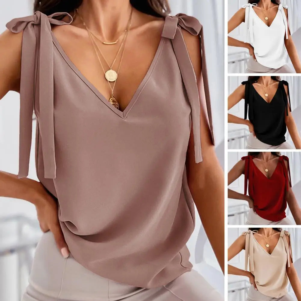 Blouse Women Garment Women Summer Top Lace Up Deep V Neck Low-cut Solid Color Sleeveless Dress-up Loose Casual Soft