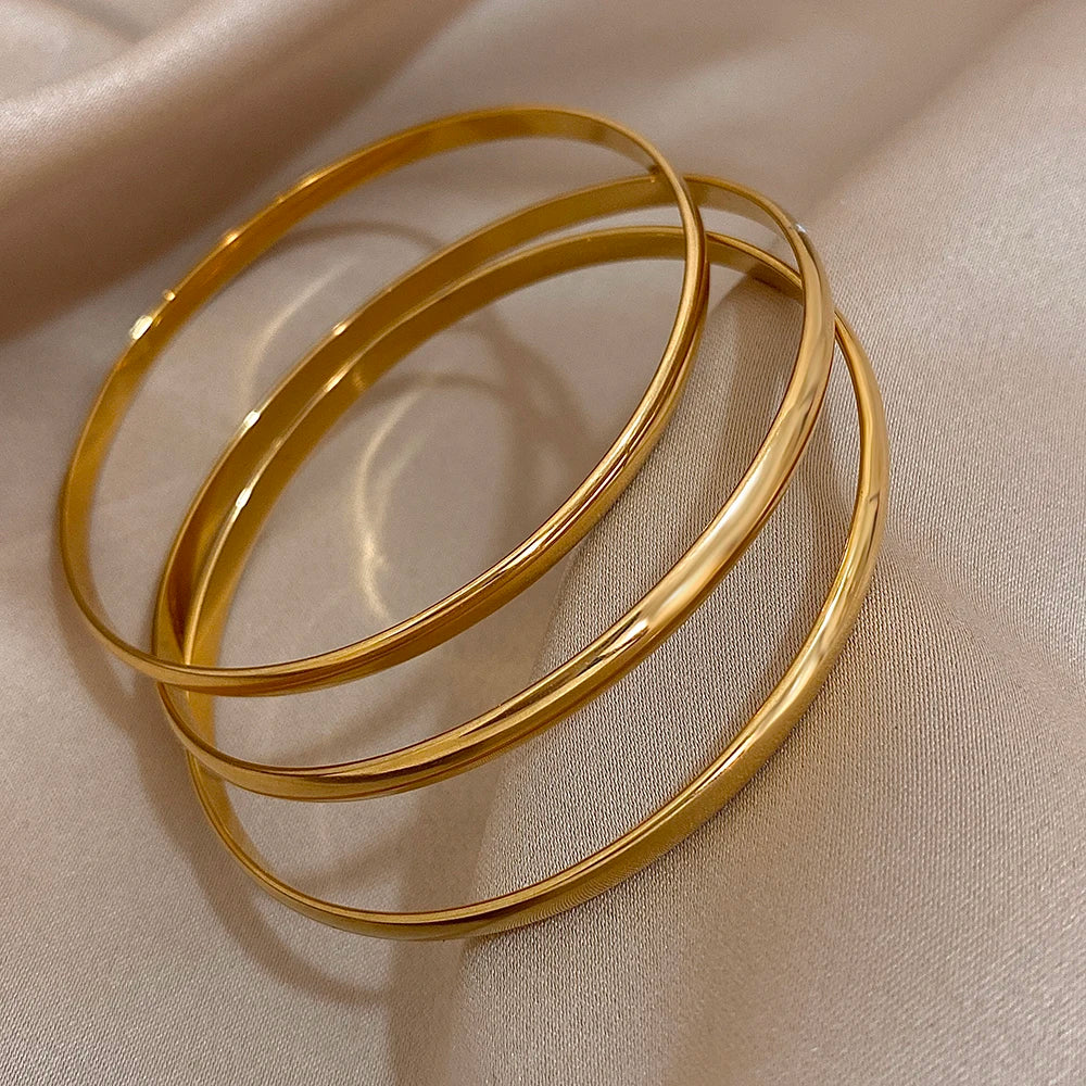 3pcs Glossy 18K Gold Plated Stainless Steel Bangle Bracelet for Women Minimalist Basic Wristband Bangles Waterproof Jewelry