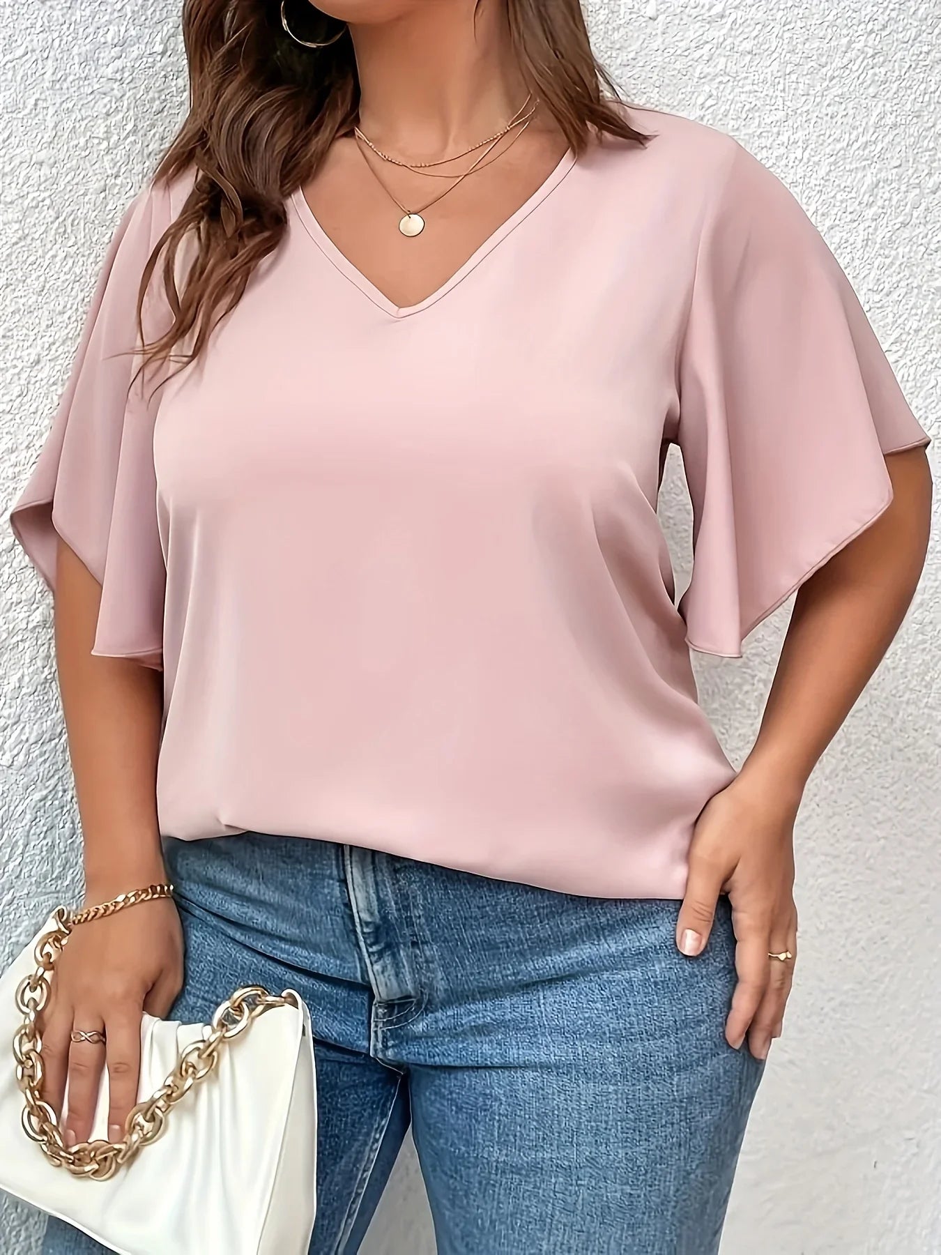 Women's T-shirt Solid Color V Neck Bell Sleeve Blouse Slight Stretch Casual Pullovers Shirt Top