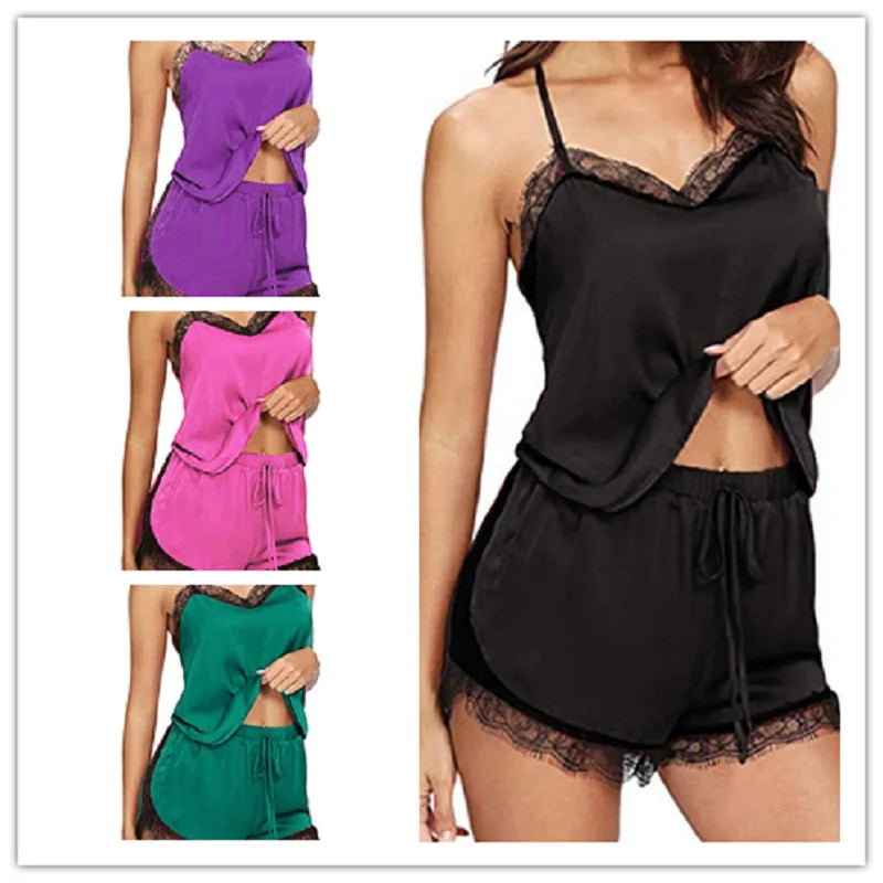 Women Pyjamas Suit V-Neck Stretch Satin Babydoll Lace Sexy Lingerie Bo