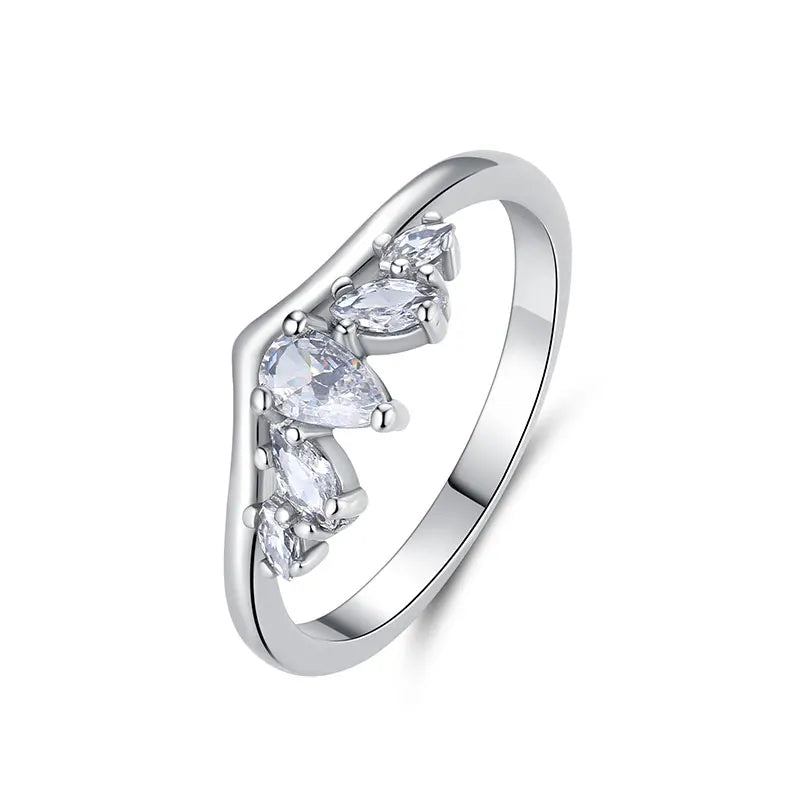 Sterling Silver Ring Love Heart Wishbone Crown Rings Crystal Rose Gold