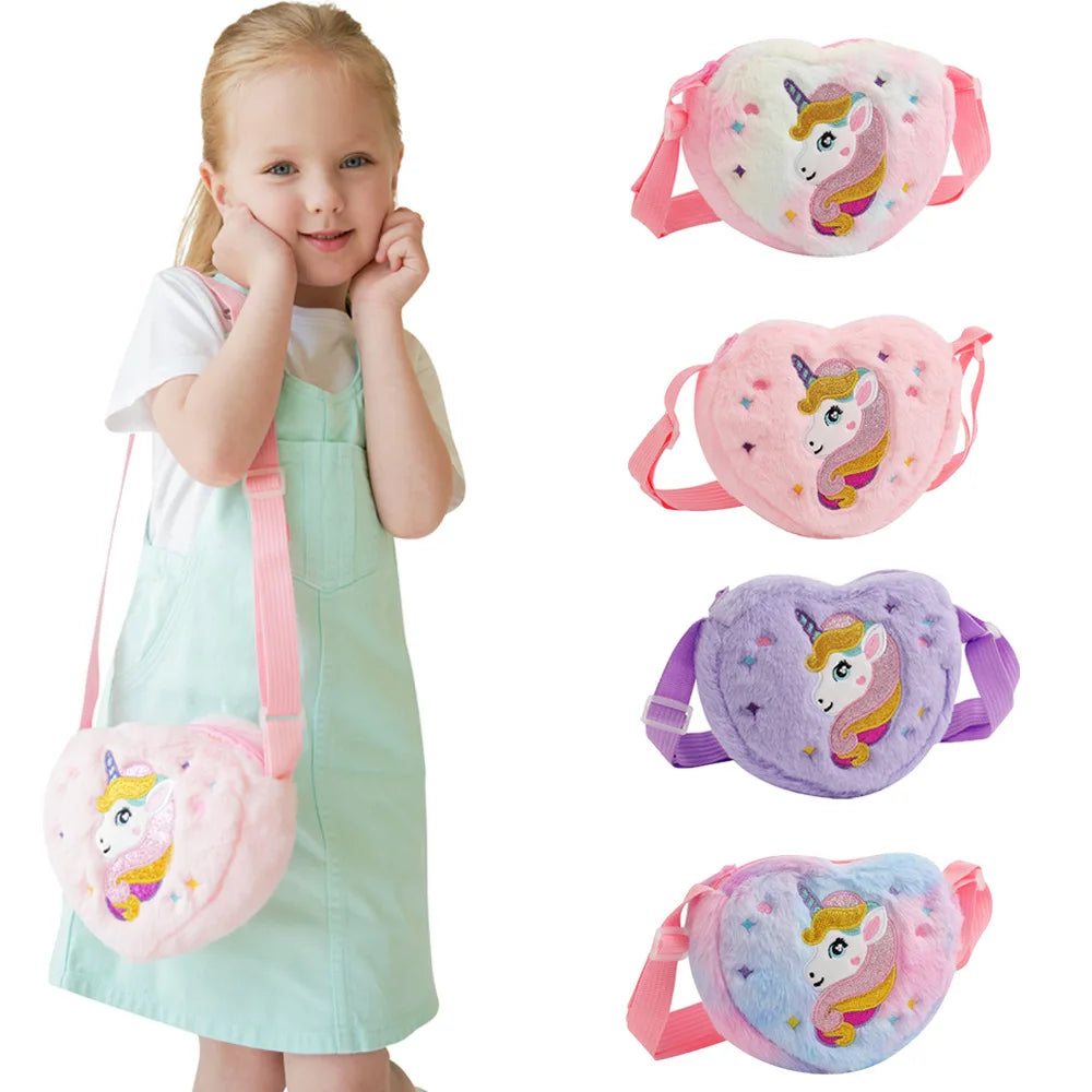 Heart shaped  Shoulder Bag Unicorn Cartoon Plush Love Crossbody Bag Kindergarten Girls' Candy Storage Bag