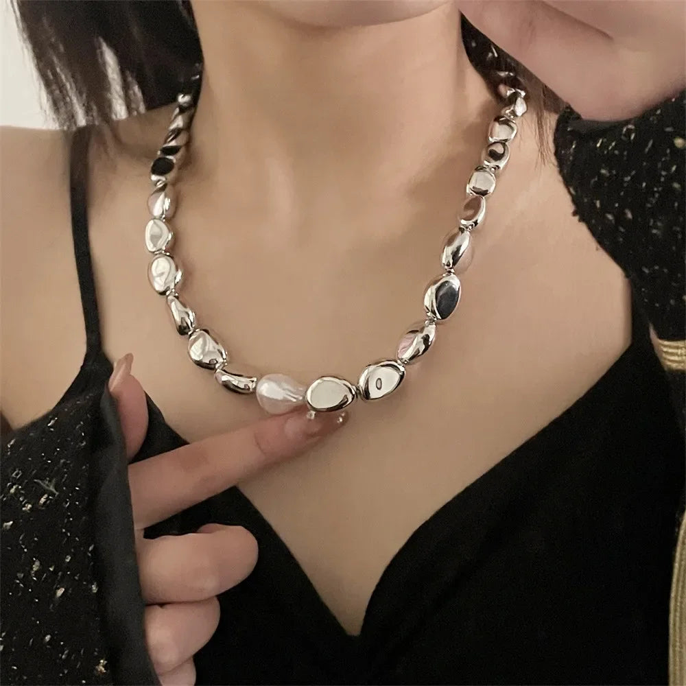 Vintage Silver-plate Geometric Chain Artificial Pearl Necklace For Women Female Fashion Boho Y2K Girl Jewelry Gift