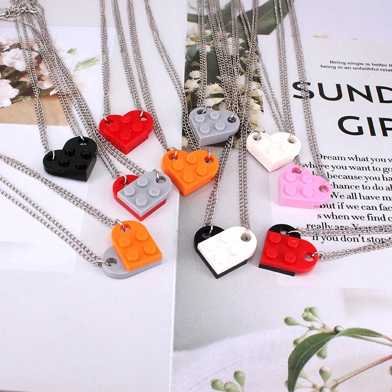 2pcs Punk Heart Brick Couples Love Necklaces for Women Men Lovers Friends Chains Necklaces Valentines Gift Jewelry