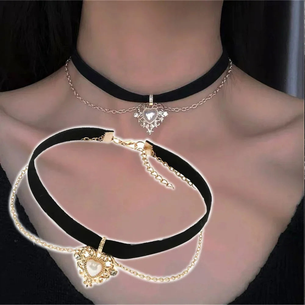Vintage Baroque Heart Pearl Necklace Elegant Love Multilayer Choker For Women Clavicle Chain Party Wearing Jewelry Accessories