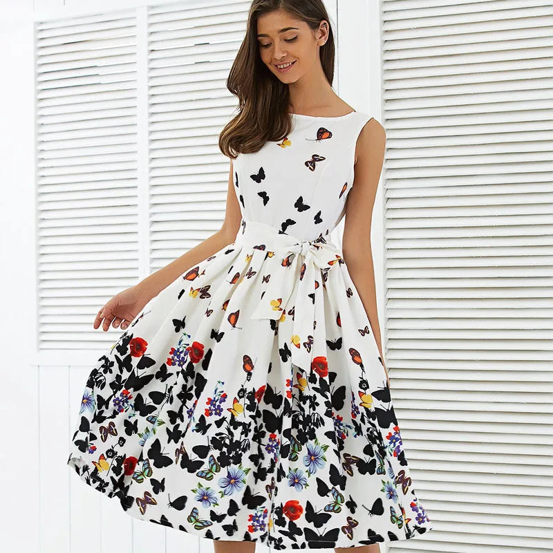 Crewneck sleeveless garden print women's pleated lace-up dress with pl