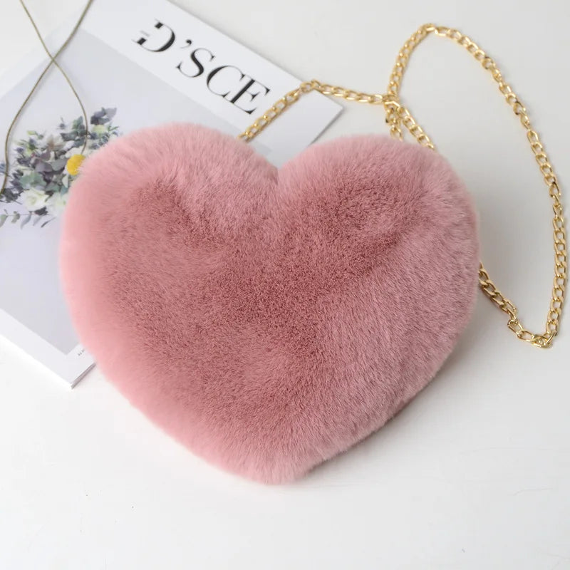 Fashion Women Heart Shaped Handbags Cute Kawaii Faux Fur Crossbody Bags Wallet Purse Plush Chain Shoulder Bag Lady Handbag