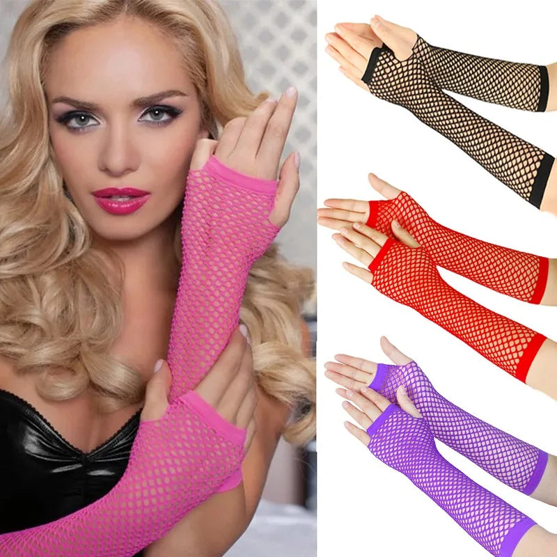 New Mesh Gloves Neon Fishnet Gloves Mittens Black Red Sheer Wear Fancy Dress for Womens Sexy Girls Punk Goth Dance Glove