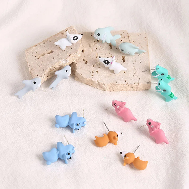 2pcs/1pair Animal Cartoon Stud Earring For Women Cute Dinosaur Little Dog Whale Clay Bite Ear Jewelry Funny Gifts Fashion