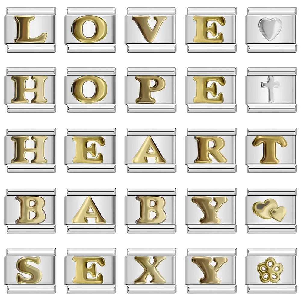 26 Gold Letters Italian Charm Links Fit 9mm Stainless Steel Bracelet Making DIY Jewelry