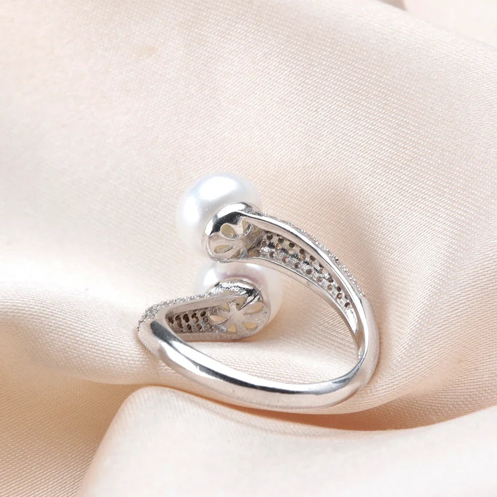 Double Pearl Adjustable Natural Freshwater Pearl Original 925 Sterling Silver Zircon Women's Ring Fine Bridal Jewelry