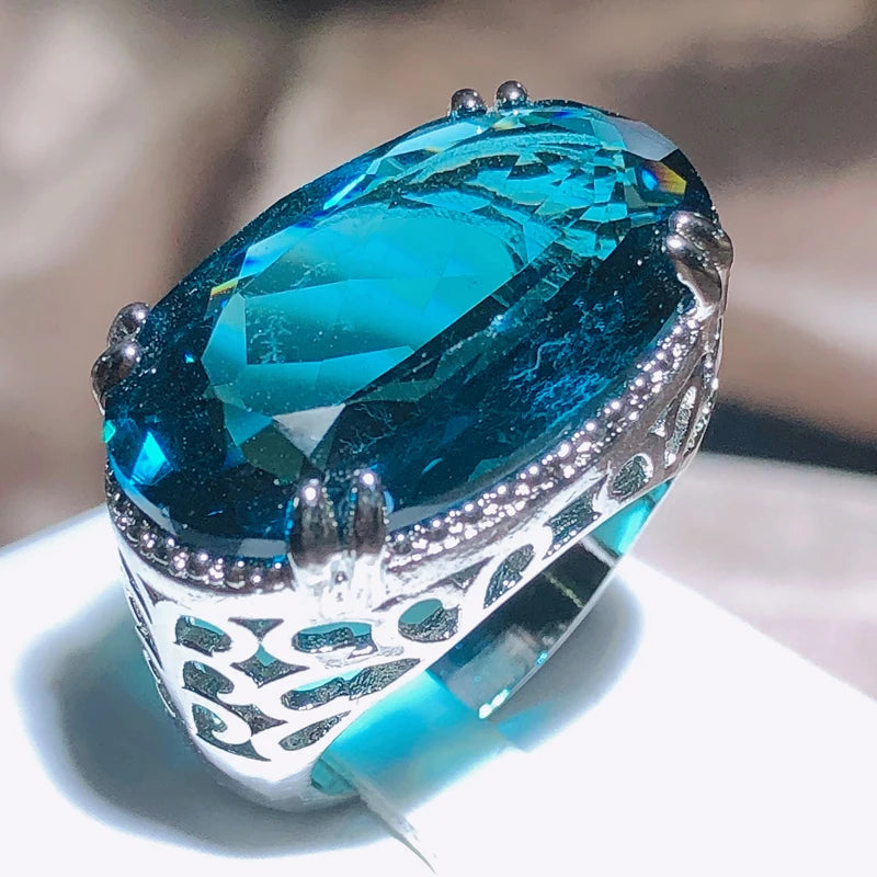 Exaggerated Large Zircon Ring Women Party Birthday Gift Oversized Blue Main Stone Ring