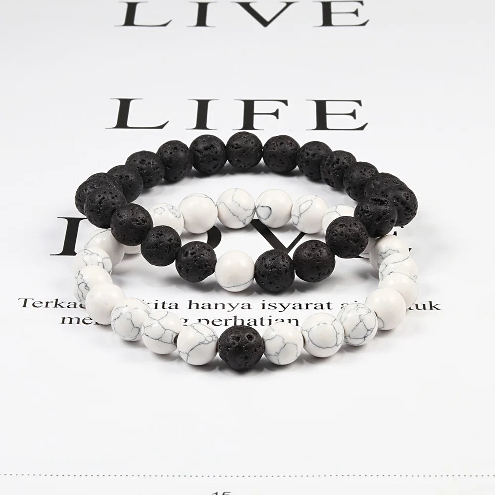 Bracelet Couples Distance Black White Natural Lava Stone Tiger Eye Beaded Yoga Bracelets for Men Women Elastic Rope Jewelry
